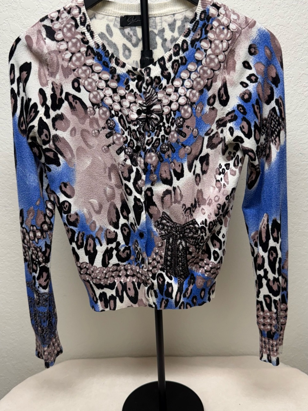 Garnet Hill Cream Sweater with Gray Animal Spotted Print